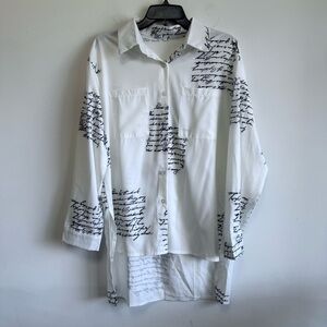 Script Print High-Low Button Down Shirt White Large Dark Academia Art